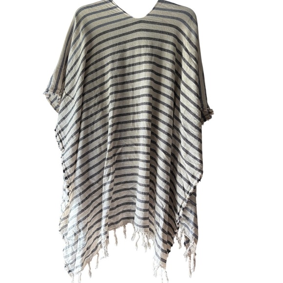 Women’s Striped Cotton Kimono Poncho Fringe Boho Layering One Size Navy Black - Picture 2 of 5